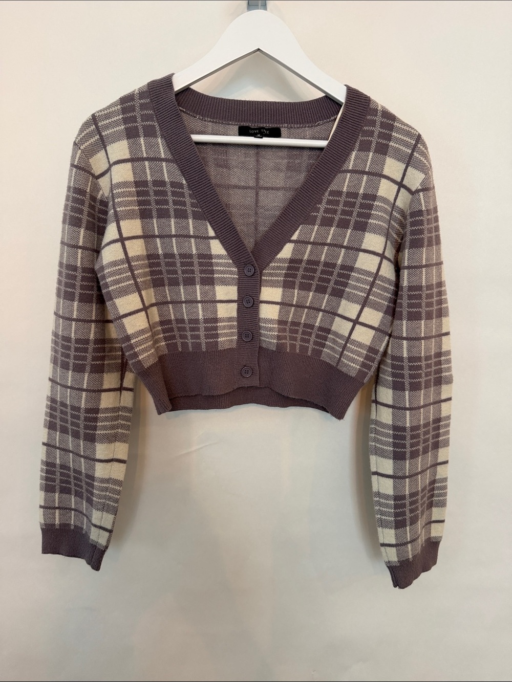 Forever 21 Lilac and Cream Plaid Cropped V-Neck Cardigan